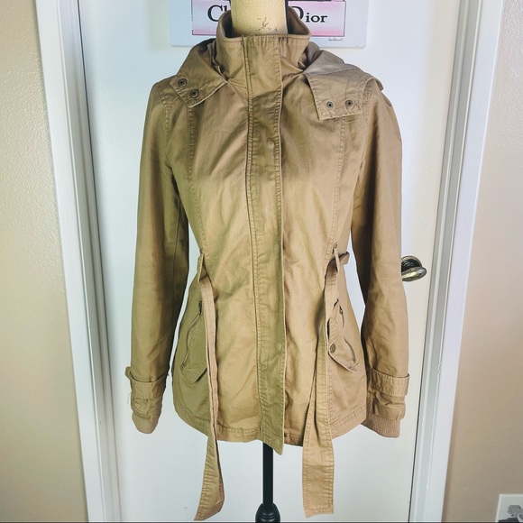 Miss London Black Label Utility Jacket Beige Women Medium Full Zip Hoodie Trench - Picture 8 of 13